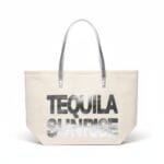Beige Strandtas-Tequila-Sunrise-creme-beige-off-white-grote-strandtassen-met-zilver-zilveren-letters-en-handvat-beachbags-strandtas-zomer-tassen