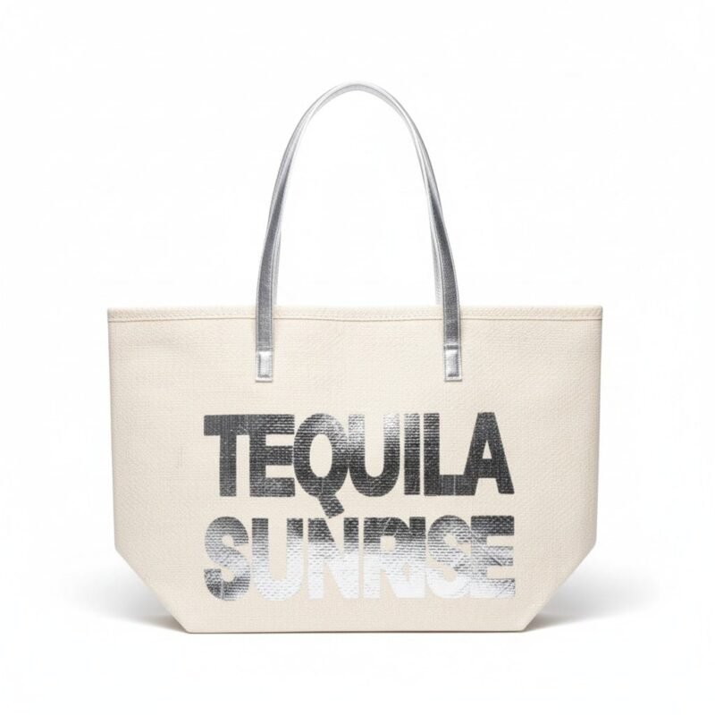 Beige Strandtas-Tequila-Sunrise-creme-beige-off-white-grote-strandtassen-met-zilver-zilveren-letters-en-handvat-beachbags-strandtas-zomer-tassen
