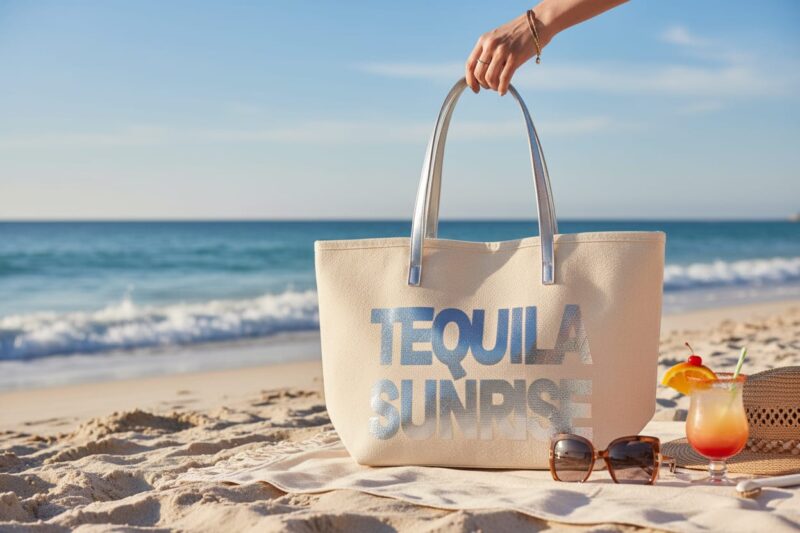 Beige Strandtas-Tequila-Sunrise-creme-beige-off-white-grote-strandtassen-met-zilver-zilveren-letters-en-handvat-beachbags-strandtas-zomer-tassen beach