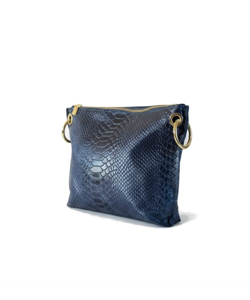 Donker blauwe Leren Schoudertas Bali navy slangenprint snake tassen leer leder italiaans kopen bestellen zij