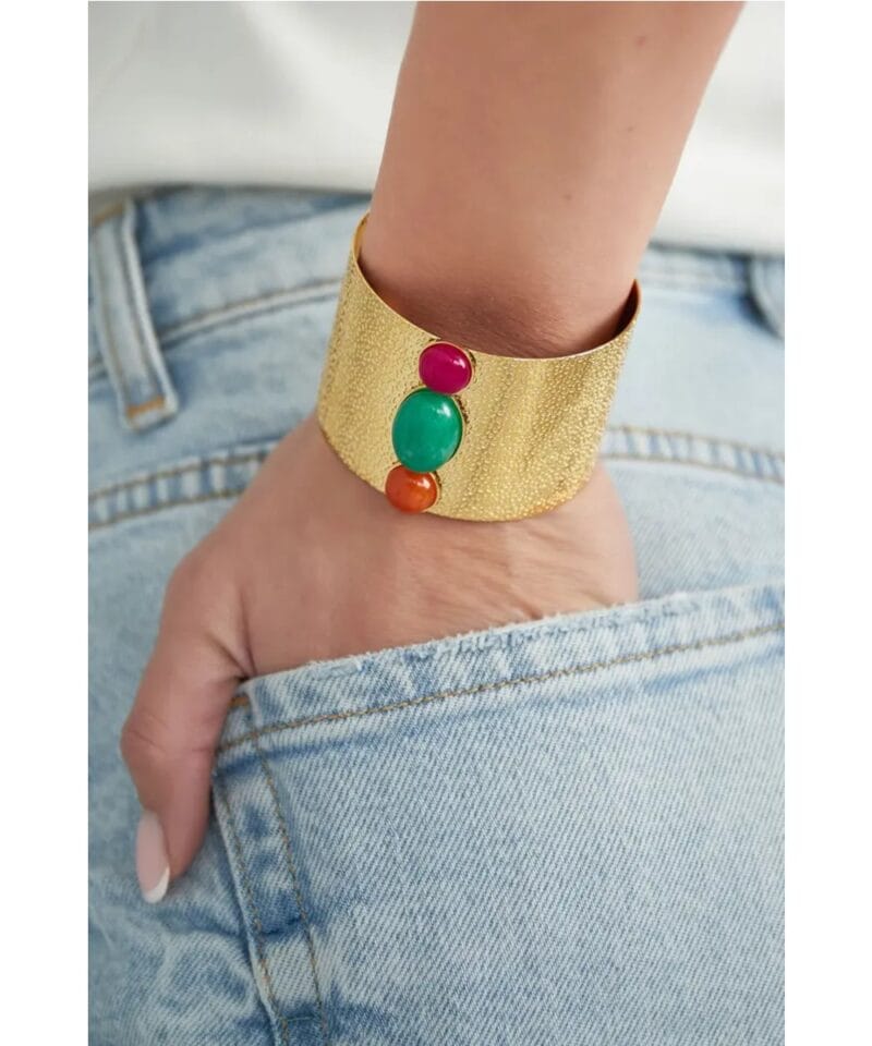 Gouden-Armband-Bohemian-Breezy-brede-rvs-dames-open-armband-Goud-gekleurde-stenen-yehwang