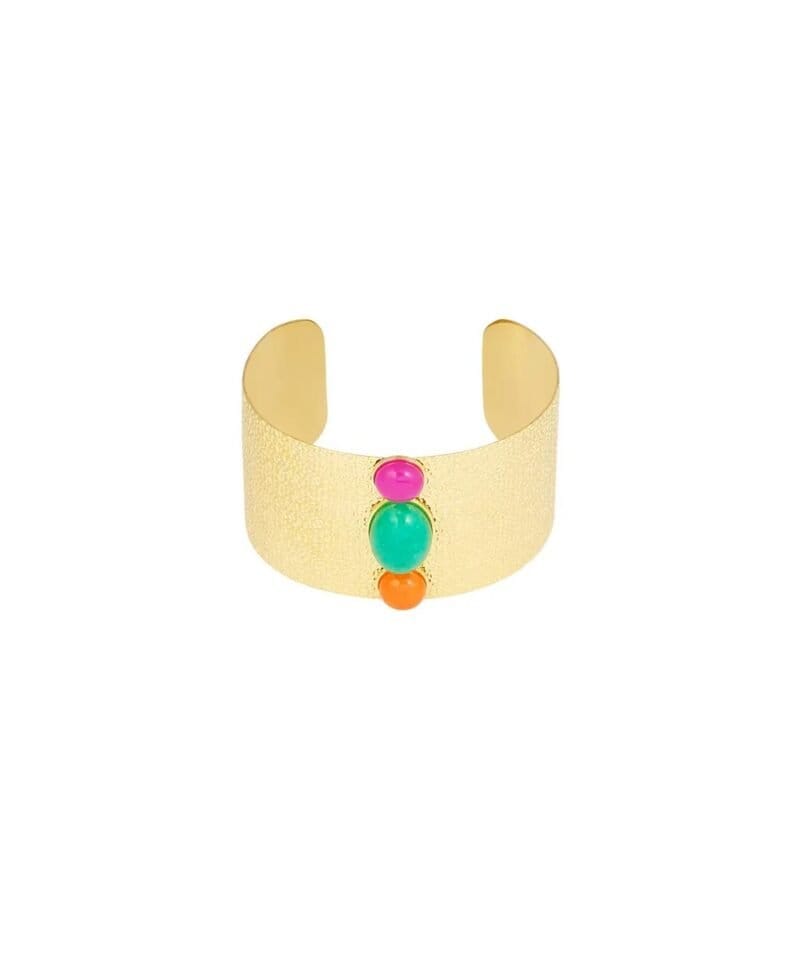 Gouden-Armband-Bohemian-Breezy-brede-rvs-dames-open-armband-Goud-gekleurde-stenen-yehwang-uniek