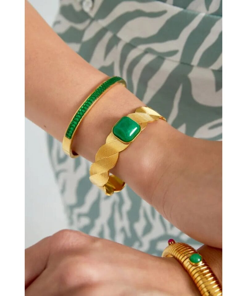 Gouden-Armband-Bohemian-Zen-brede-open-rvs-armbanden-groene-steen-yehwang-Goud