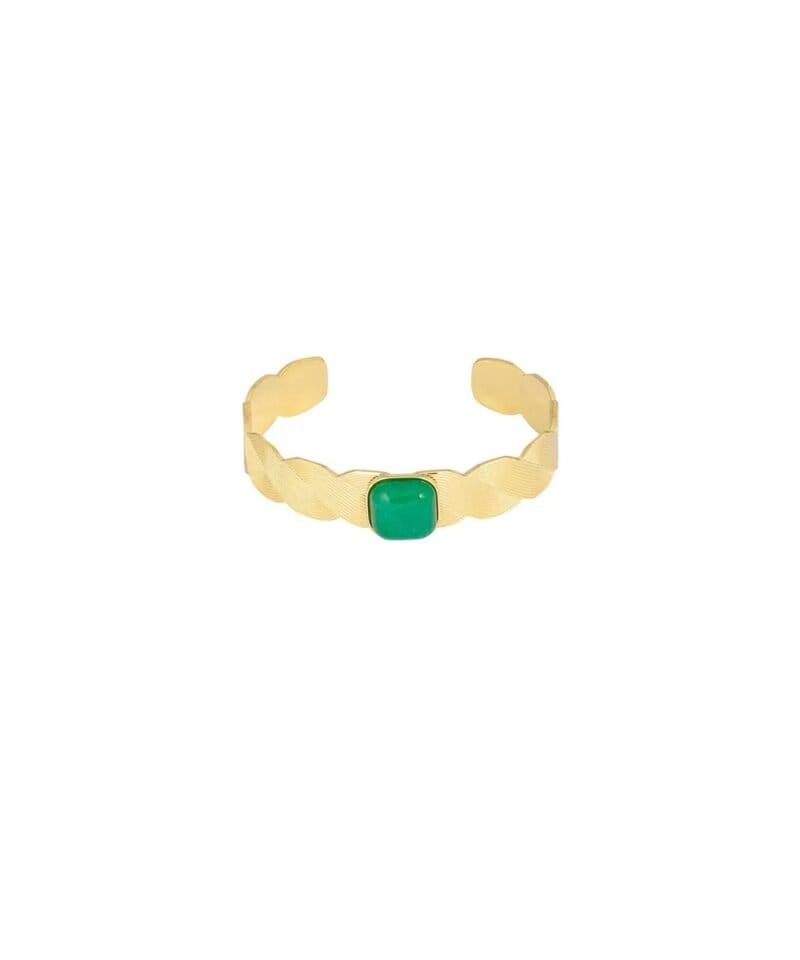 Gouden-Armband-Bohemian-Zen-brede-open-rvs-armbanden-groene-steen-yehwang-Goud-uniek