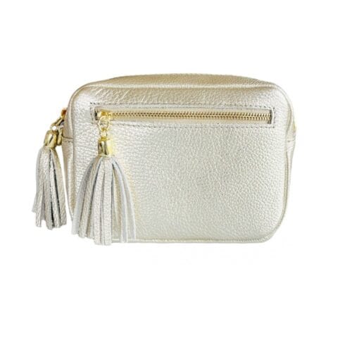 Gouden Leren Schoudertas Klosjes goud luxe leder schoudertas voorvak twee klosjes chique tassen kopen bestellen