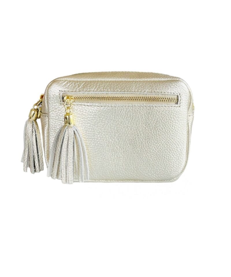 Gouden Leren Schoudertas Klosjes goud luxe leder schoudertas voorvak twee klosjes chique tassen kopen bestellen