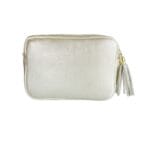 Gouden Leren Schoudertas Klosjes goud luxe leder schoudertas voorvak twee klosjes chique tassen kopen bestellen achter