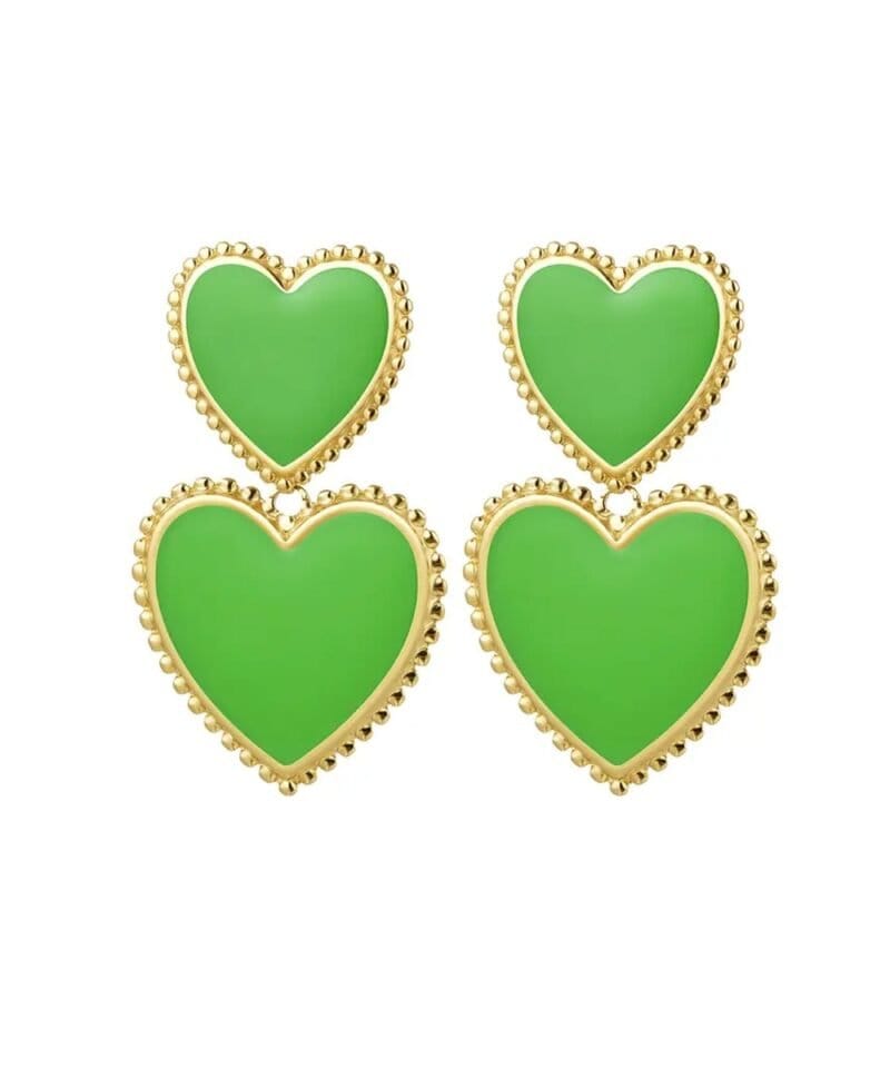 Gouden-Oorbellen-Double-Heart-groen-groene-statement-oorbellen-2-roze-harten-dames-sieraden-yehwan-kopen-bestellen