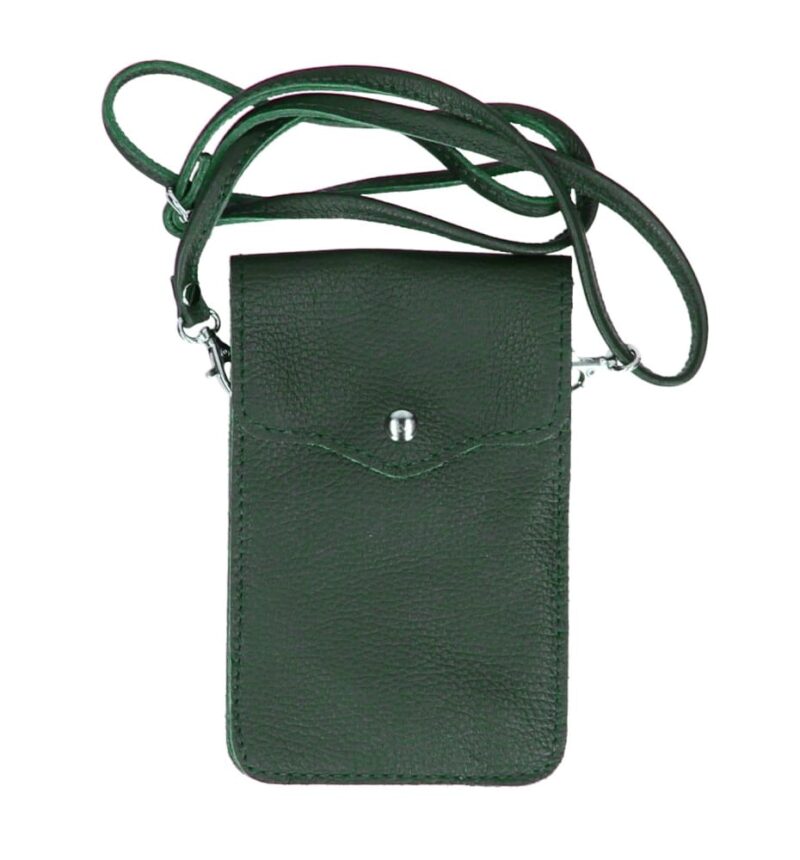Groen Leren Telefoontasje Simply Basic - donker groen groene groene-leren-schoudertassen-telefoon-tasjes-festival-tasjes-goud-beslag-verwijderbaar-hengsel-trendy-tassen-giuliano-kopen-bestellen-itbags