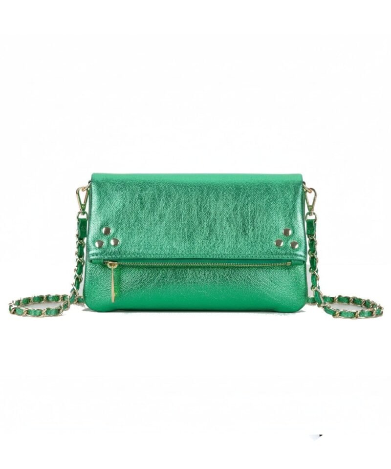 Groene Leren Schoudertas Shiney Metallic -groen-groene-trendy-leren-fashiontas-crossbody-tassen-gouden-kettinghengsel-look-a-like-kopen-