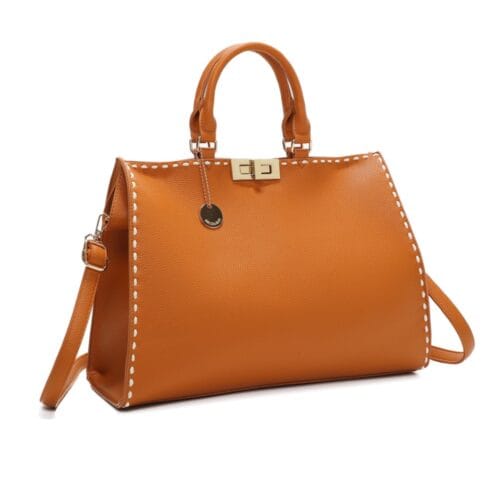 Handtas Fancy Stiksels cognac kunstleren handtassen met beige stiksels gouden draaislot tas kopen bestellen zij