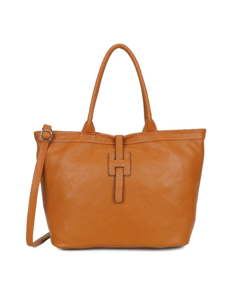 Handtas Hella cognac trendy ruime handtassen schoudertassen kunstleer H dames tassen shoppers kopen bestellen