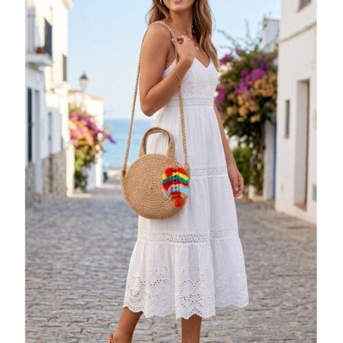 Khaki Gevlochten Schoudertas Summer Fun rieten gevlochten ronde handtas lang hengsel boho gekleurde boho hanger zomer musthaves Giuliano kopen model