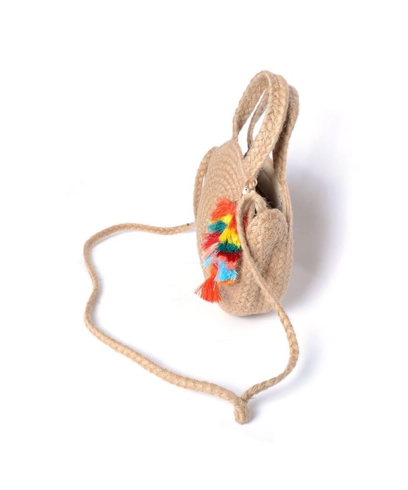 Khaki Gevlochten Schoudertas Summer Fun rieten gevlochten ronde handtas lang hengsel boho gekleurde boho hanger zomer musthaves Giuliano kopen side