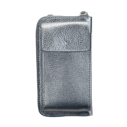 Lederen-Telefoontasje-Metallic-Silver antraciet Zilver-zilveren-portemonnee-schoudertasje-handige-giuliano-tas-kopen-bestellen-lederen-schoudertasje-lang-2-vakken-