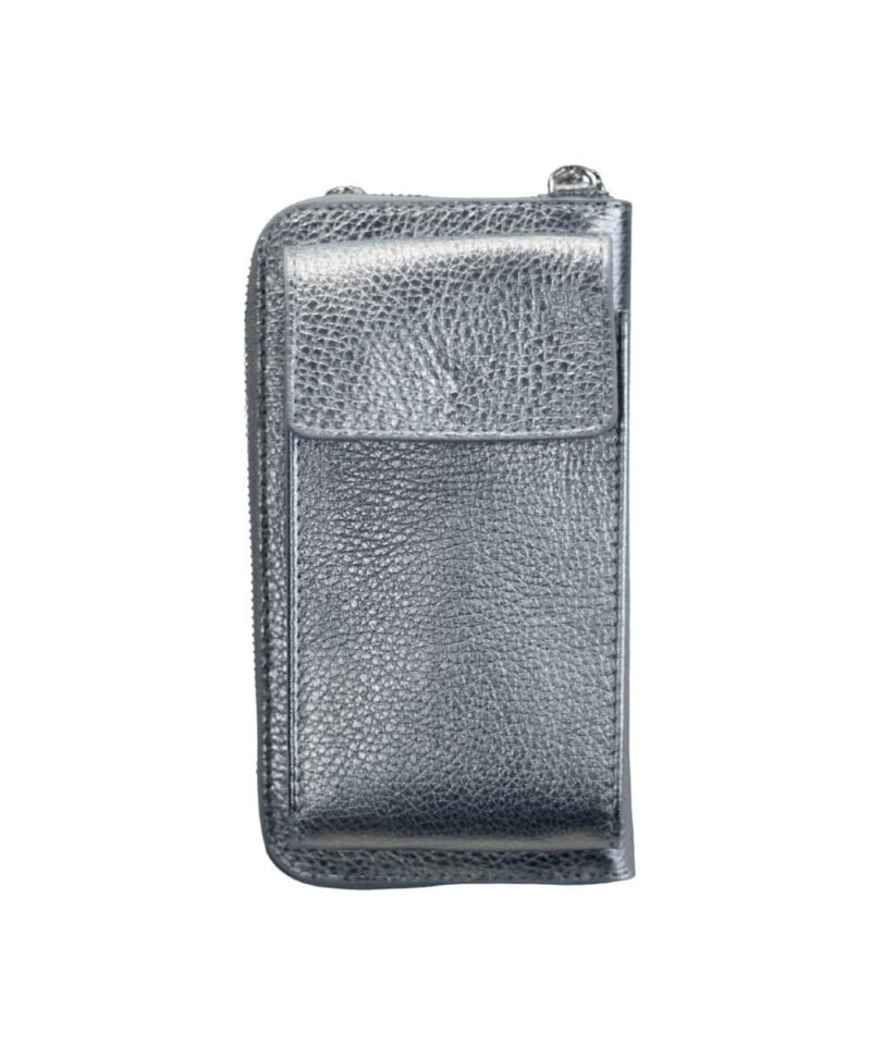 Lederen-Telefoontasje-Metallic-Silver antraciet Zilver-zilveren-portemonnee-schoudertasje-handige-giuliano-tas-kopen-bestellen-lederen-schoudertasje-lang-2-vakken-