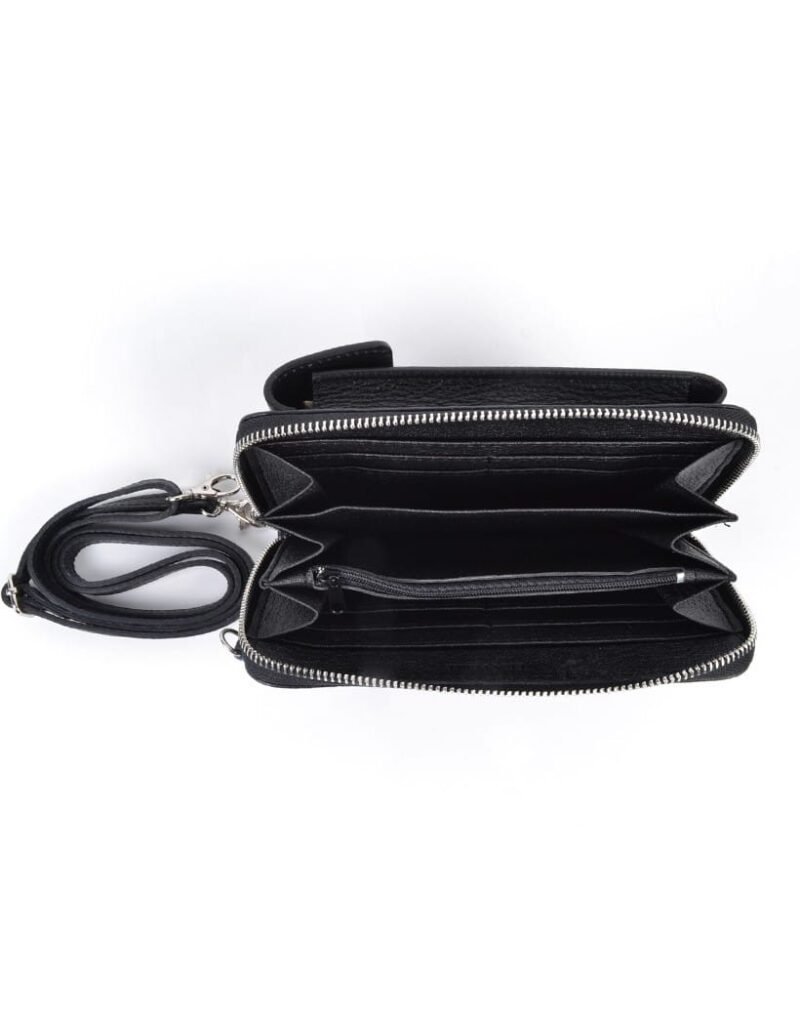 Lederen-Telefoontasje-Metallic-zwart-zwarte-portemonnee-schoudertasje-handige-giuliano-tas-kopen-bestellen-lederen-schoudertasje-lang-2-vakken-open