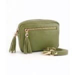 Leger Groene Leren Schoudertas Tassels-leger-groen-army-crossbodytassen-schoudertassen-trendy-tas-met-twee-kwastjes-leder-fashion-tas-kopen-bestellen-goud-beslag-1