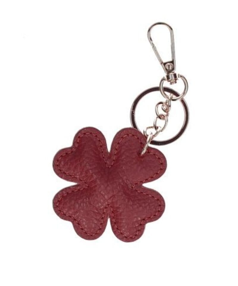 Leren Bag Charm Lucky donker rood rode trendy leer klavertje 4 tassenhanger tas sleutel hanger goud kopen bestellen-Photoroom