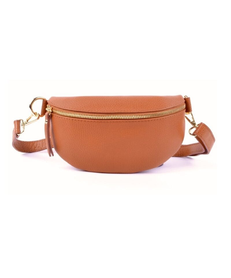 Leren Bumbag Faya -cognac-camel-goud beslag-schoudertas-rits-crossbody-bag-tassen-kopen-bestellen-goedkope-lederen-tassen-