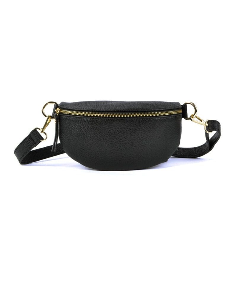 Leren Bumbag Faya -zwart-zwarte-goud beslag-schoudertas-rits-crossbody-bag-tassen-kopen-bestellen-goedkope-lederen-tassen-