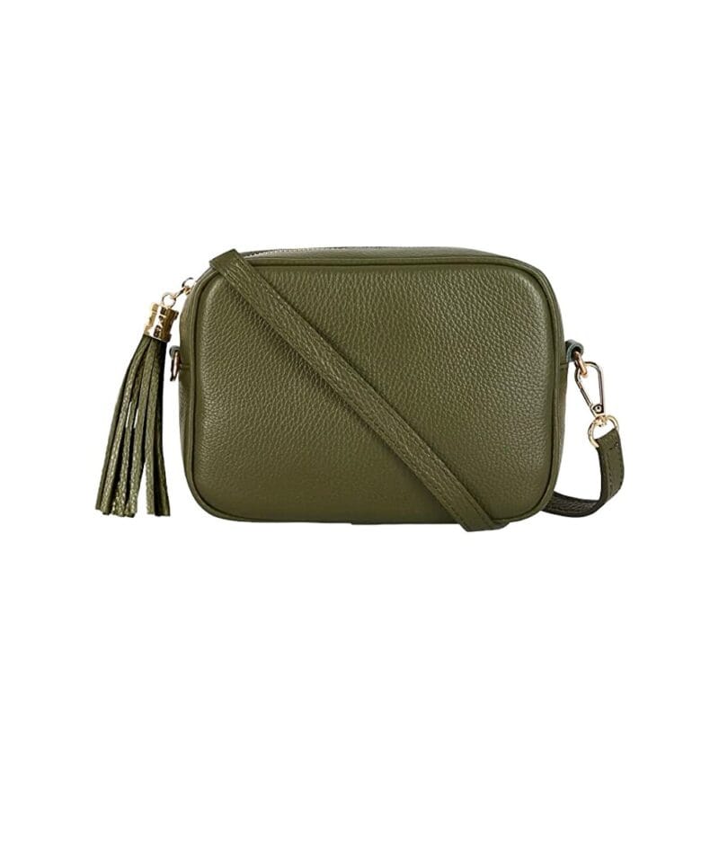 Leren Camera Bag Tassle leger groen groene leer schoudertassen crossbodytas klosje goud beslag italie kopen bestellen tassen