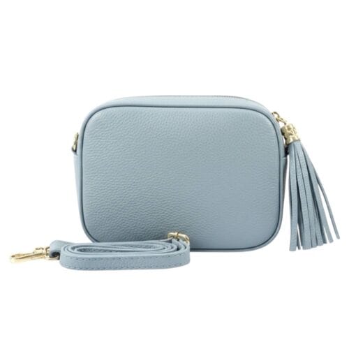 Leren Camera Bag Tassle licht babyblauw blauwe leer schoudertassen crossbodytas klosje goud beslag italie kopen bestellen tas