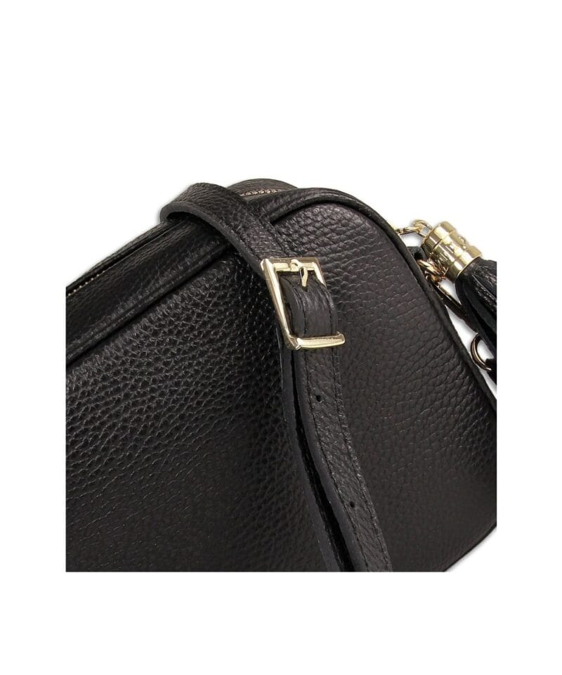 Leren Camera Bag Tassle zwart zwarte leer schoudertassen crossbodytas klosje goud beslag italie kopen bestellen tassen binnen detail