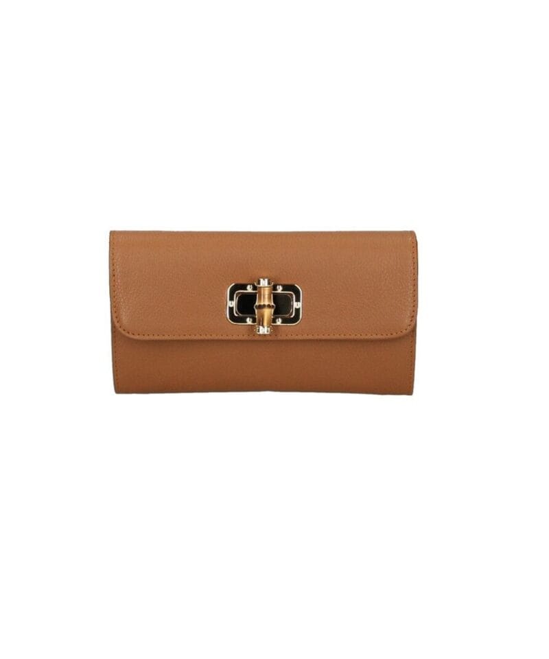 Leren Clutch Bamboe Draaislot cognac clutches gouden kettinghengsel chique luxe tassen leer kopen bestellen