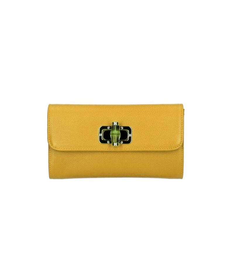 Leren Clutch Bamboe Draaislot geel gele clutches gouden kettinghengsel chique luxe tassen leer kopen bestellen