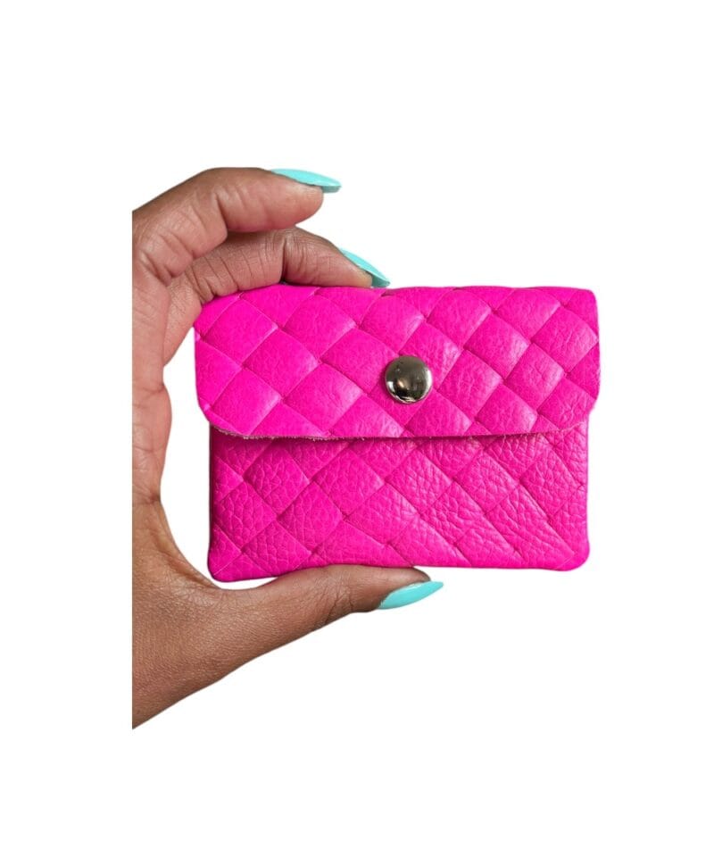 Leren Gevlochten Portemonnee Mina hot pink kleine 2vaks etui drukknoop en ritsvak italiaans leder kopen bestellen model