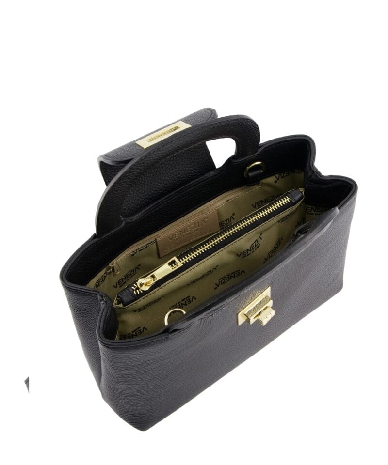 Leren Handtas Malika zwart zwarte stevige leren handtassen gouden draaislot italiaans leer open