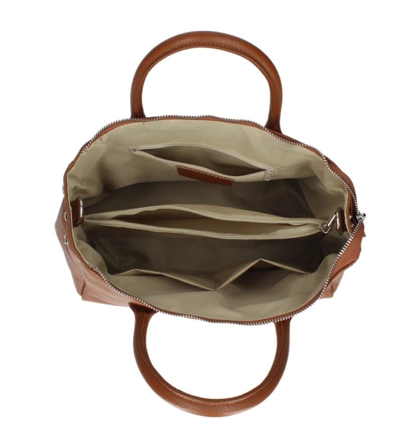 Leren Handtas Millie donkercognac ruime leren handtassen schoudertassen zilver beslag italiaans kopen bestellen open