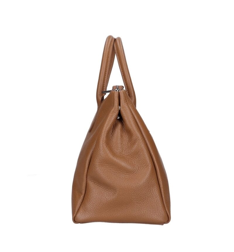 Leren Handtas Millie donkercognac ruime leren handtassen schoudertassen zilver beslag italiaans kopen bestellen side