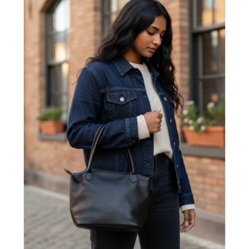 Leren Handtas Peony zwart zwarte ruime tote bag handtas met cognac hengsels chique leren tassen kopen-model1