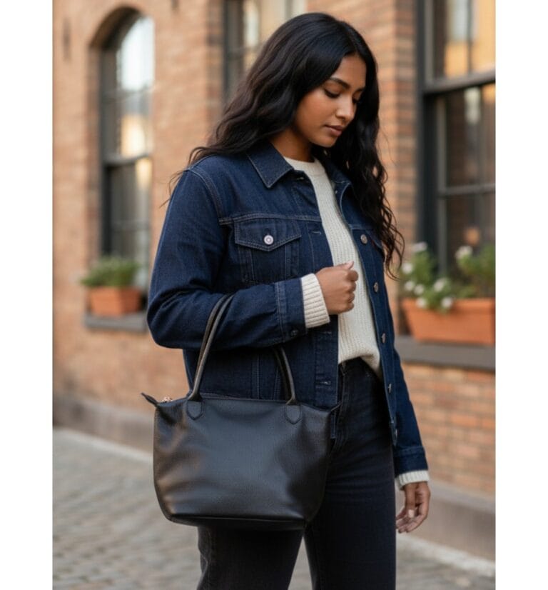 Leren Handtas Peony zwart zwarte ruime tote bag handtas met cognac hengsels chique leren tassen kopen-model1