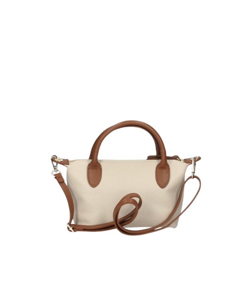 Leren Handtas Rolita beige tote bag handtas met cognac hengsels chique leren tassen kopen lang hengsel-Photoroom