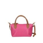 Leren Handtas Rolita fuchsia mini tote bag handtas met cognac hengsels chique leren tassen kopen-Photoroom