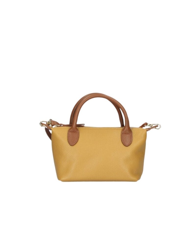 Leren Handtas Rolita mosterd geel gele mini tote bag handtas met cognac hengsels chique leren tassen kopen-Photoroom