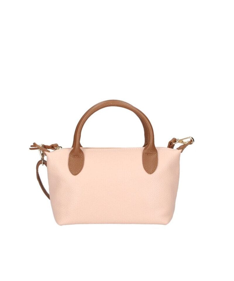 Leren Handtas Rolita poeder roze mini tote bag handtas met cognac hengsels chique leren tassen kopen-