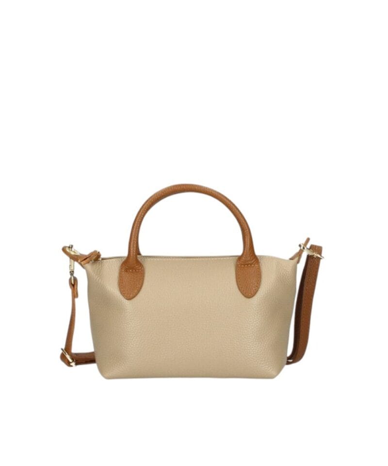 Leren Handtas Rolita taupe mini tote bag handtas met cognac hengsels chique leren tassen kopen-Photoroom