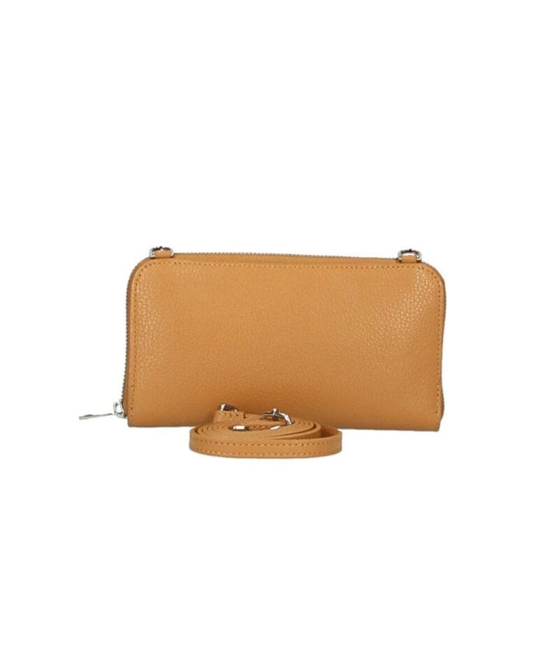 Leren Portemonnee met telefoonvak cognac leren telefoontasjes portemonee schoudertas hengsel festival tas kopen bestellen achter