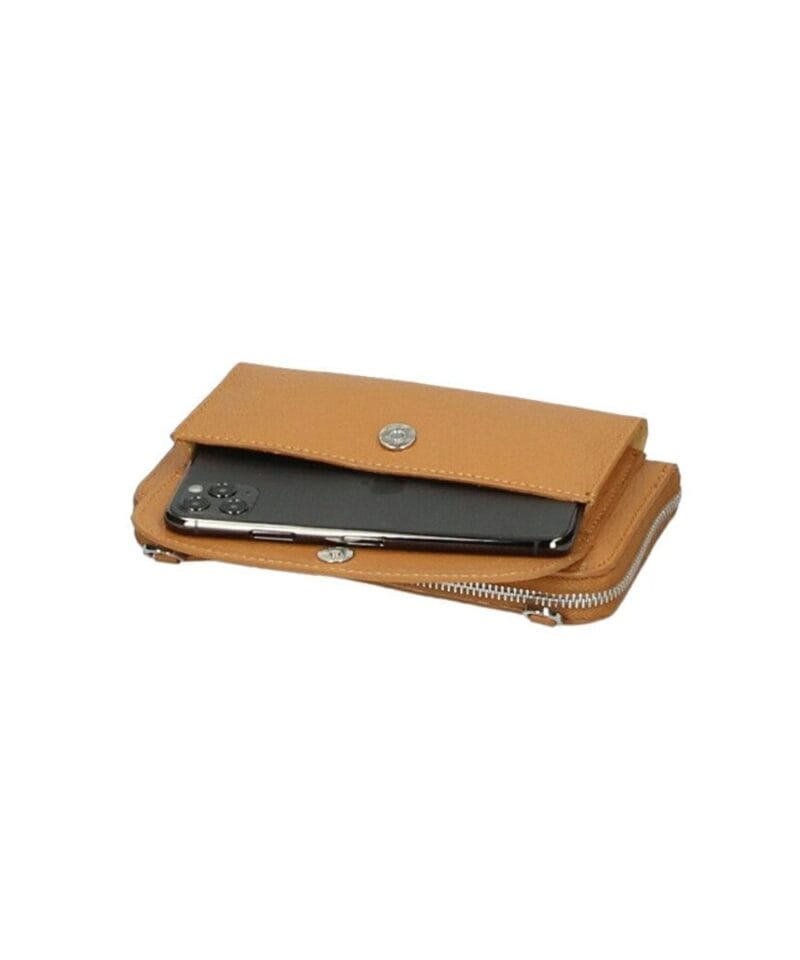 Leren Portemonnee met telefoonvak cognac leren telefoontasjes portemonee schoudertas hengsel festival tas kopen bestellen details