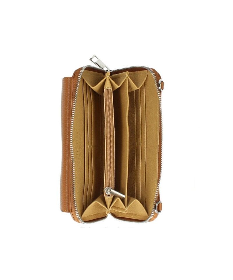Leren Portemonnee met telefoonvak cognac leren telefoontasjes portemonee schoudertas hengsel festival tas kopen bestellen inside
