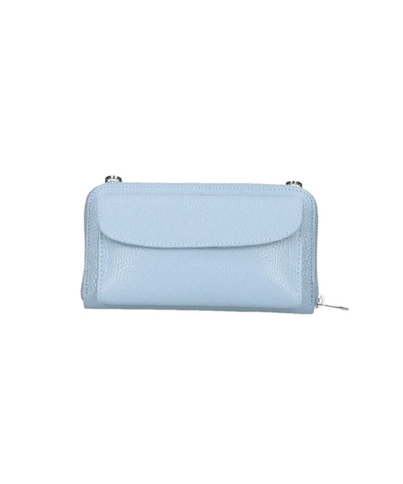 Leren Portemonnee met telefoonvak licht blauw blauwe leren telefoontasjes portemonee schoudertas hengsel festival tas kopen bestellen