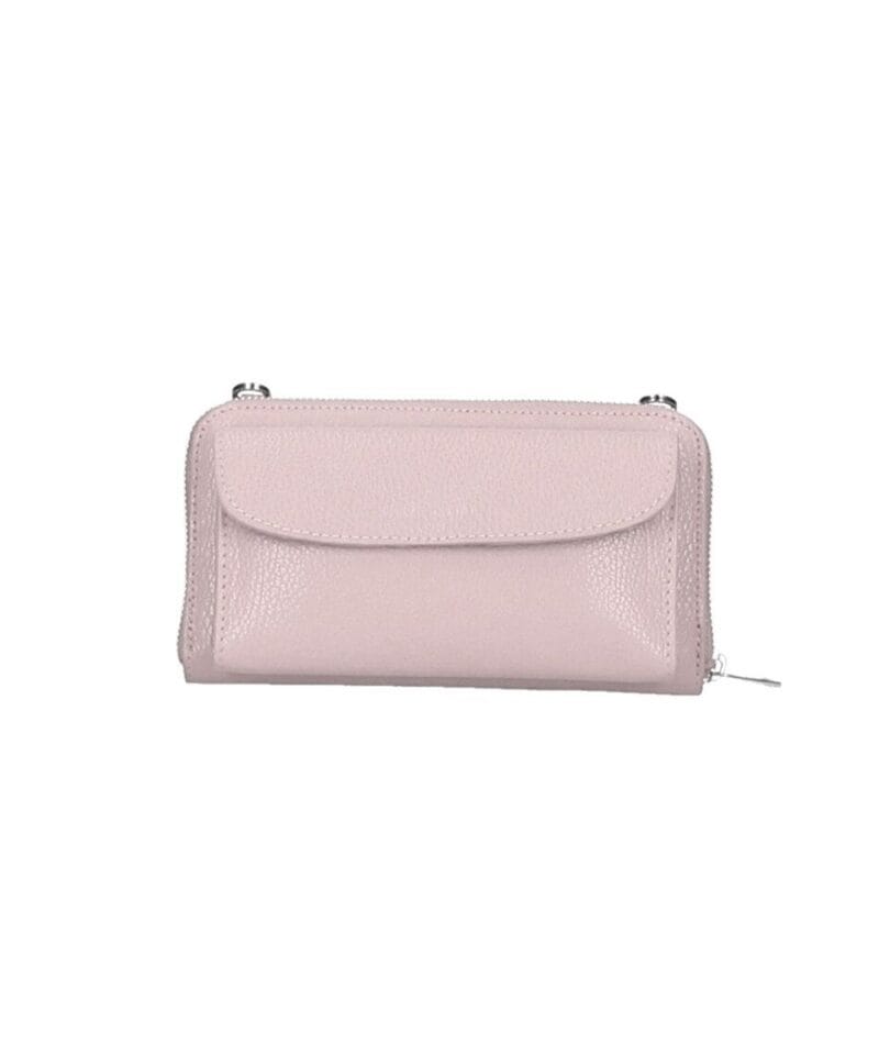 Leren Portemonnee met telefoonvak poeder roze pink leren telefoontasjes portemonee schoudertas hengsel festival tas kopen bestellen