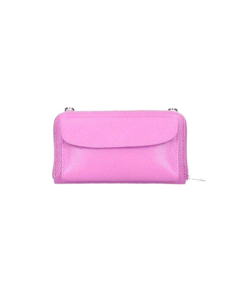 Leren Portemonnee met telefoonvak roze hot pink leren telefoontasjes portemonee schoudertas hengsel festival tas kopen bestellen nu