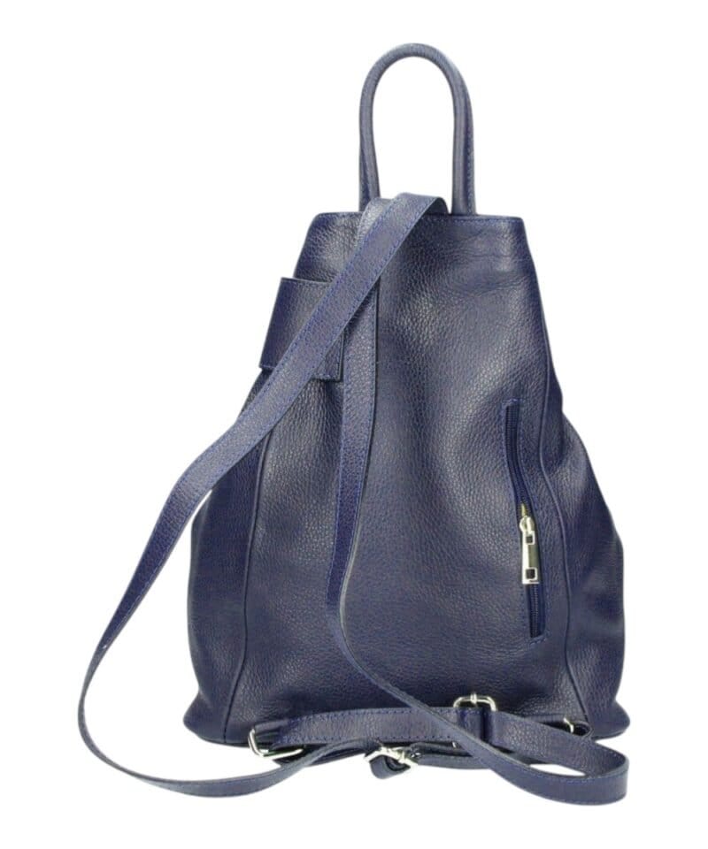 Leren Rugtas Stella XL donker blauw blauwe navy leer rugtassen handtassen schoudertassen zilver beslag trendy tassen kopen bestellen achterkant-Photoroom