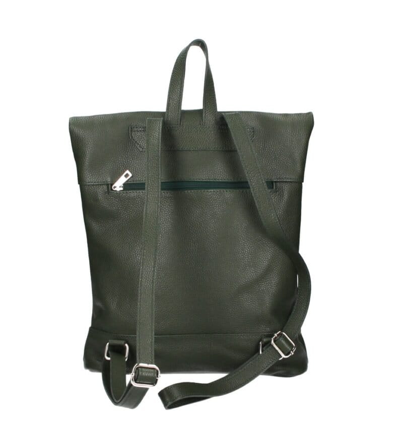 Leren Rugtas Neiva Leger Groen groene leer handtassen rugzakken dames 3 vakken zilver beslag italiaans leder kopen achterkant