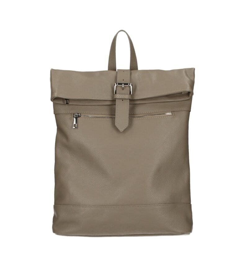 Leren Rugtas Neiva donker taupe leer handtassen rugzakken dames 3 vakken zilver beslag italiaans leder kopen